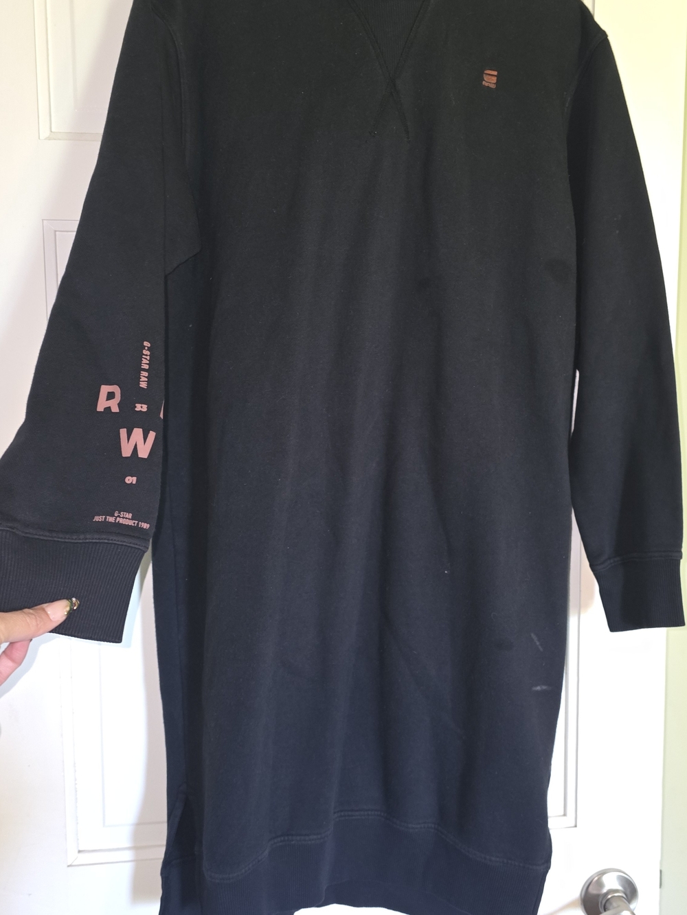 G STAR WOMEN's Black Long Crewneck Sweater Dress with Red  Accent